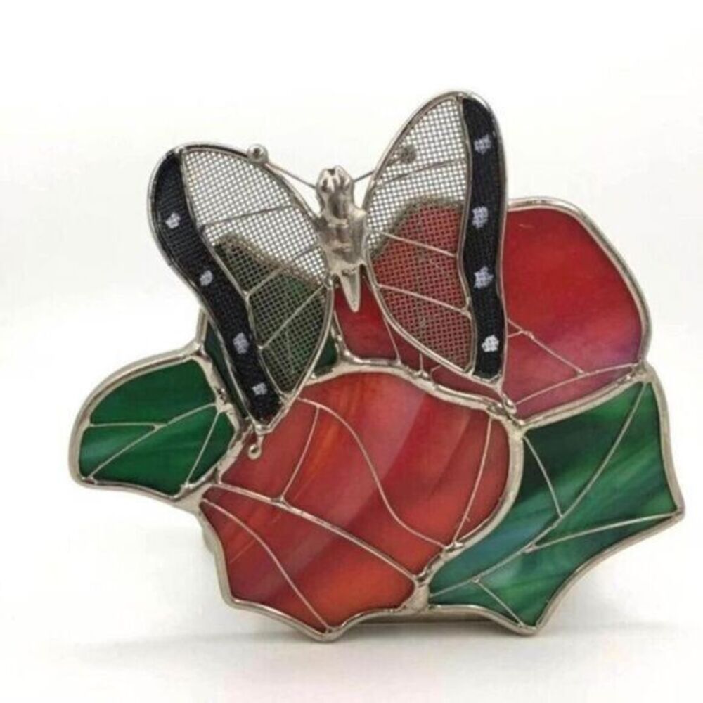 Vintage Stained Glass Flower Butterfly Candle Holder